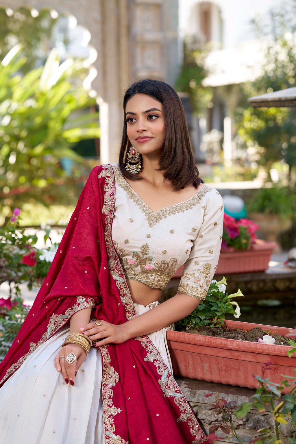 Lorenvalley OffWhite Vichitra Silk Sequins and Thread Embroidery Work Lehenga Choli