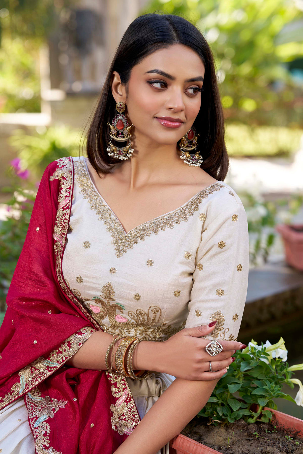Lorenvalley OffWhite Vichitra Silk Sequins and Thread Embroidery Work Lehenga Choli