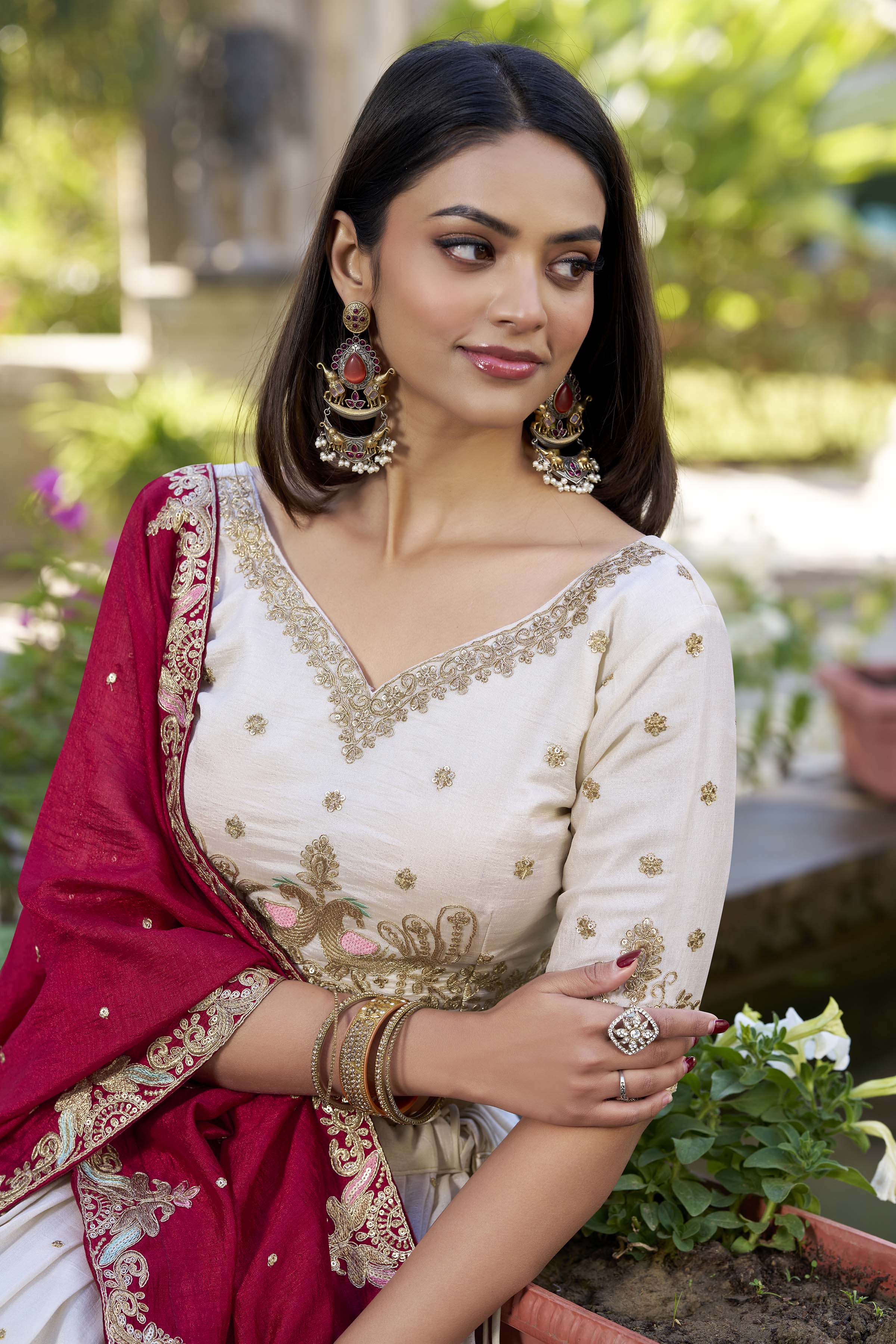 Lorenvalley OffWhite Vichitra Silk Sequins and Thread Embroidery Work Lehenga Choli