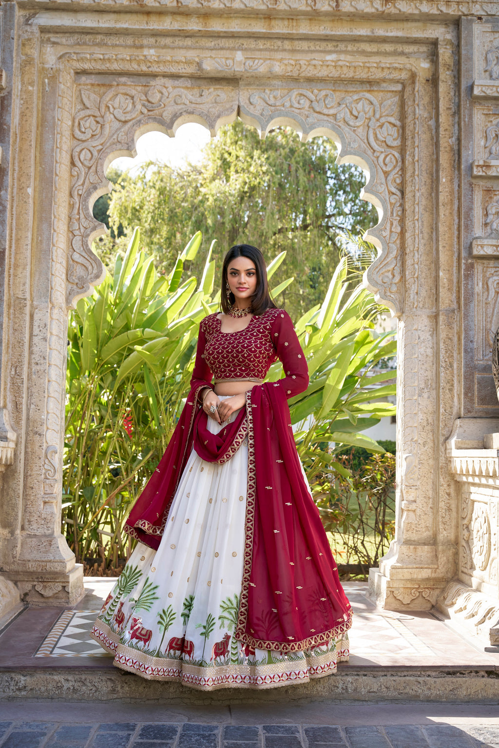 Lorenvalley White Georgette Sequins and Thread Embroidery Work With Lace Touch Up Lehenga Choli with Dupatta