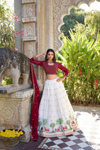 Lorenvalley White Georgette Sequins and Thread Embroidery Work With Lace Touch Up Lehenga Choli with Dupatta