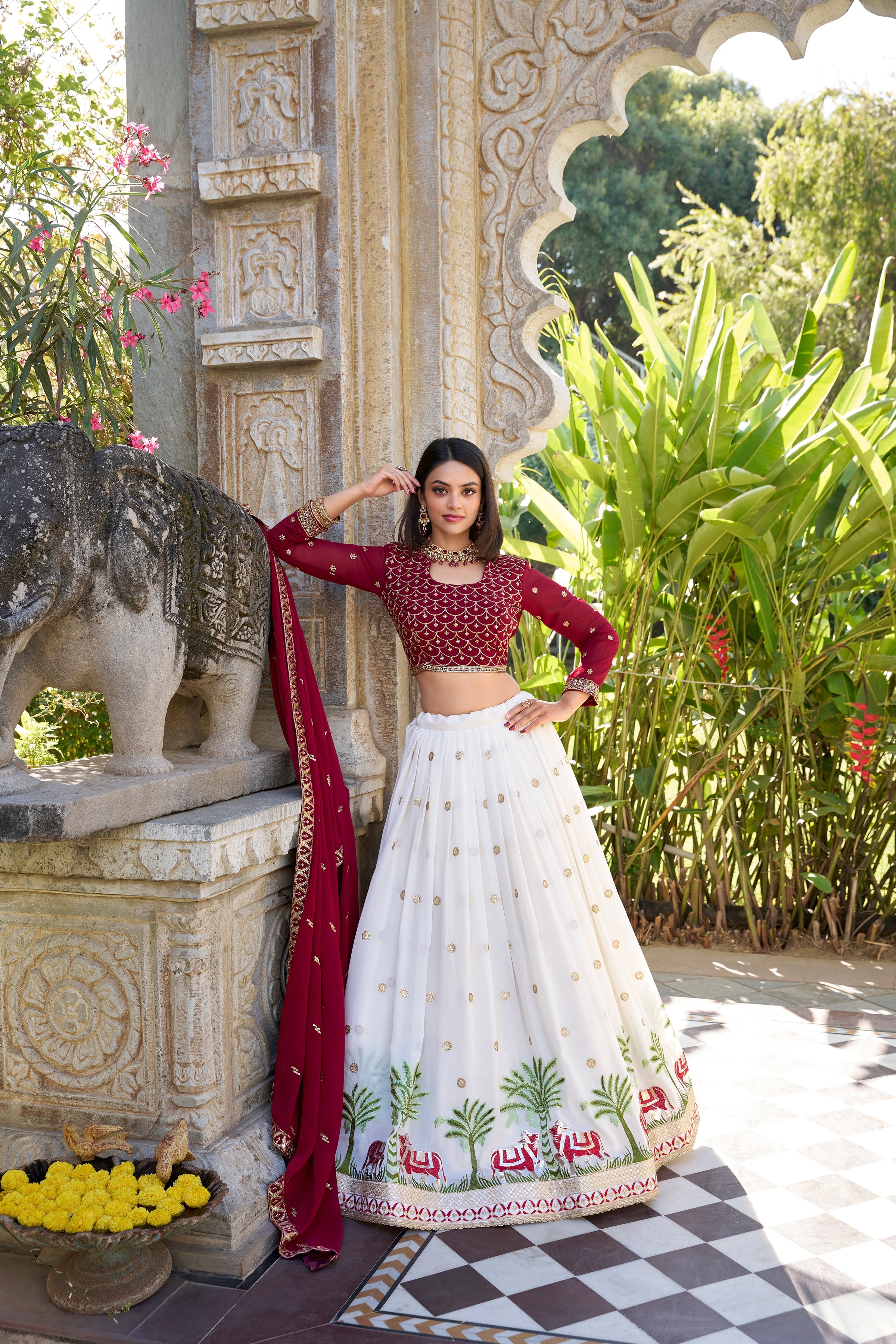 Lorenvalley White Georgette Sequins and Thread Embroidery Work With Lace Touch Up Lehenga Choli with Dupatta
