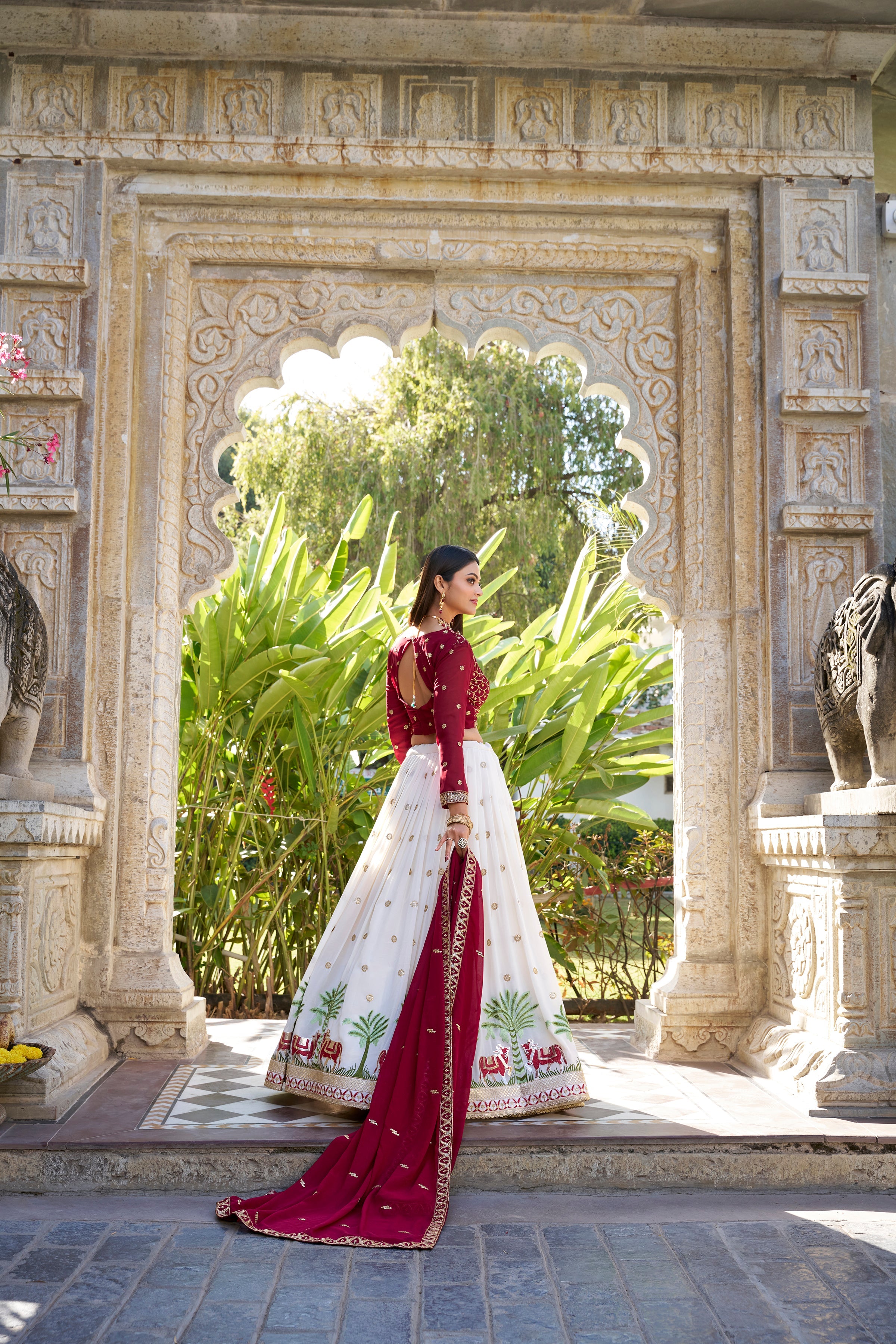 Lorenvalley White Georgette Sequins and Thread Embroidery Work With Lace Touch Up Lehenga Choli with Dupatta