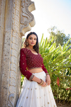 Lorenvalley White Georgette Sequins and Thread Embroidery Work With Lace Touch Up Lehenga Choli with Dupatta