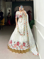 Lorenvalley White Georgette Sequins and Thread Embroidery Work with Embossed Design Lace Lehenga Choli