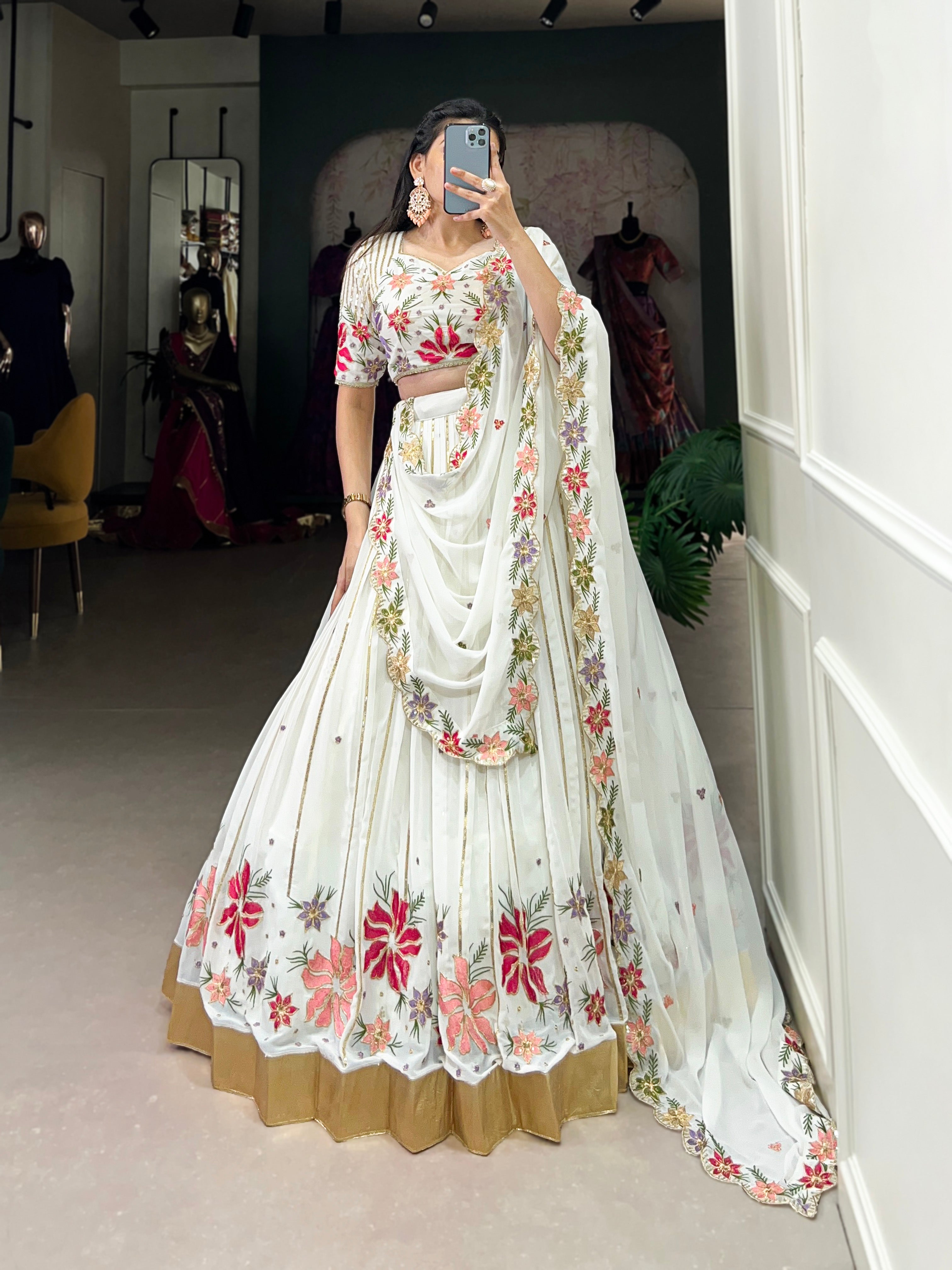 Lorenvalley White Georgette Sequins and Thread Embroidery Work with Embossed Design Lace Lehenga Choli