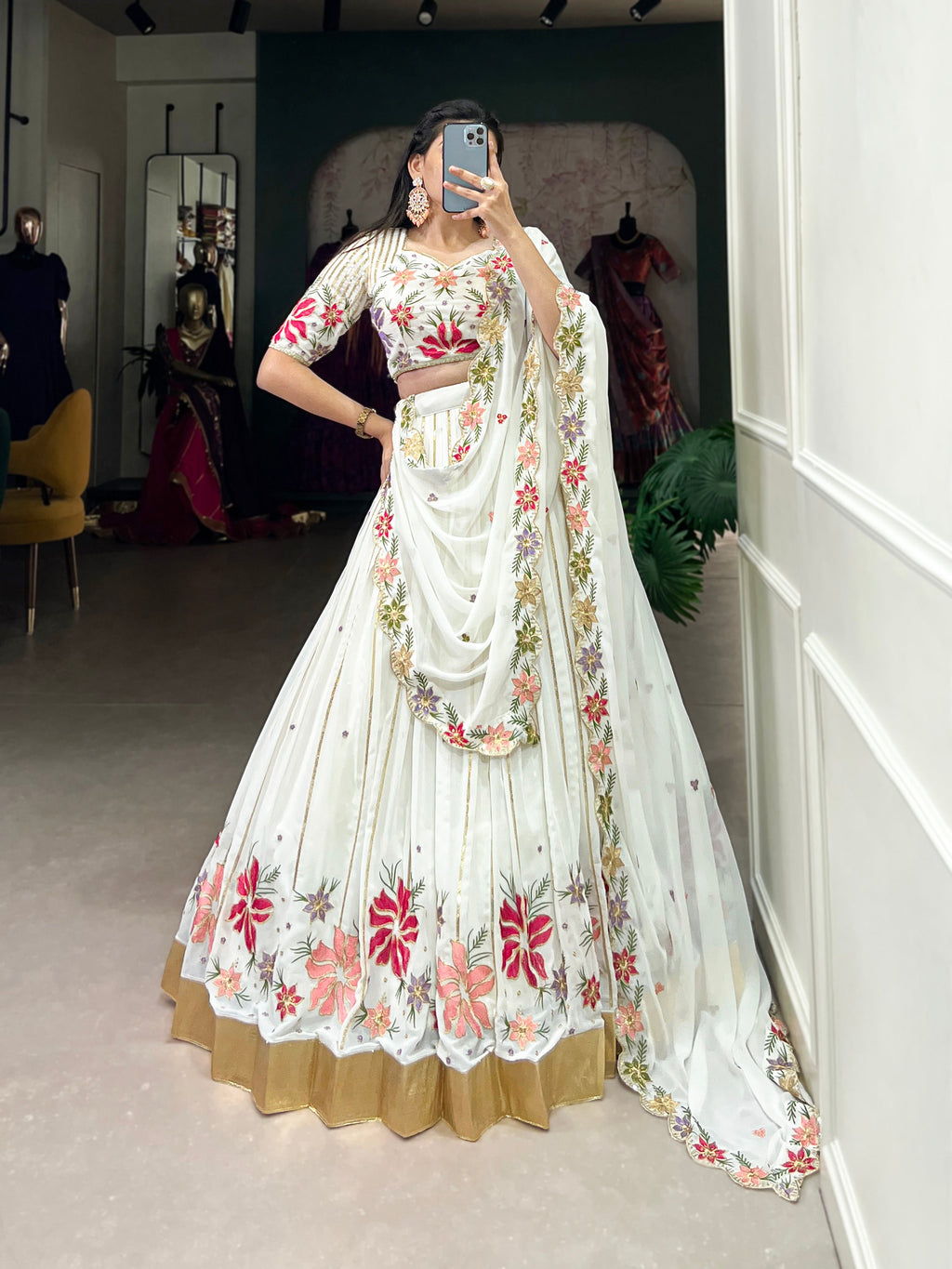 Lorenvalley White Georgette Sequins and Thread Embroidery Work with Embossed Design Lace Lehenga Choli