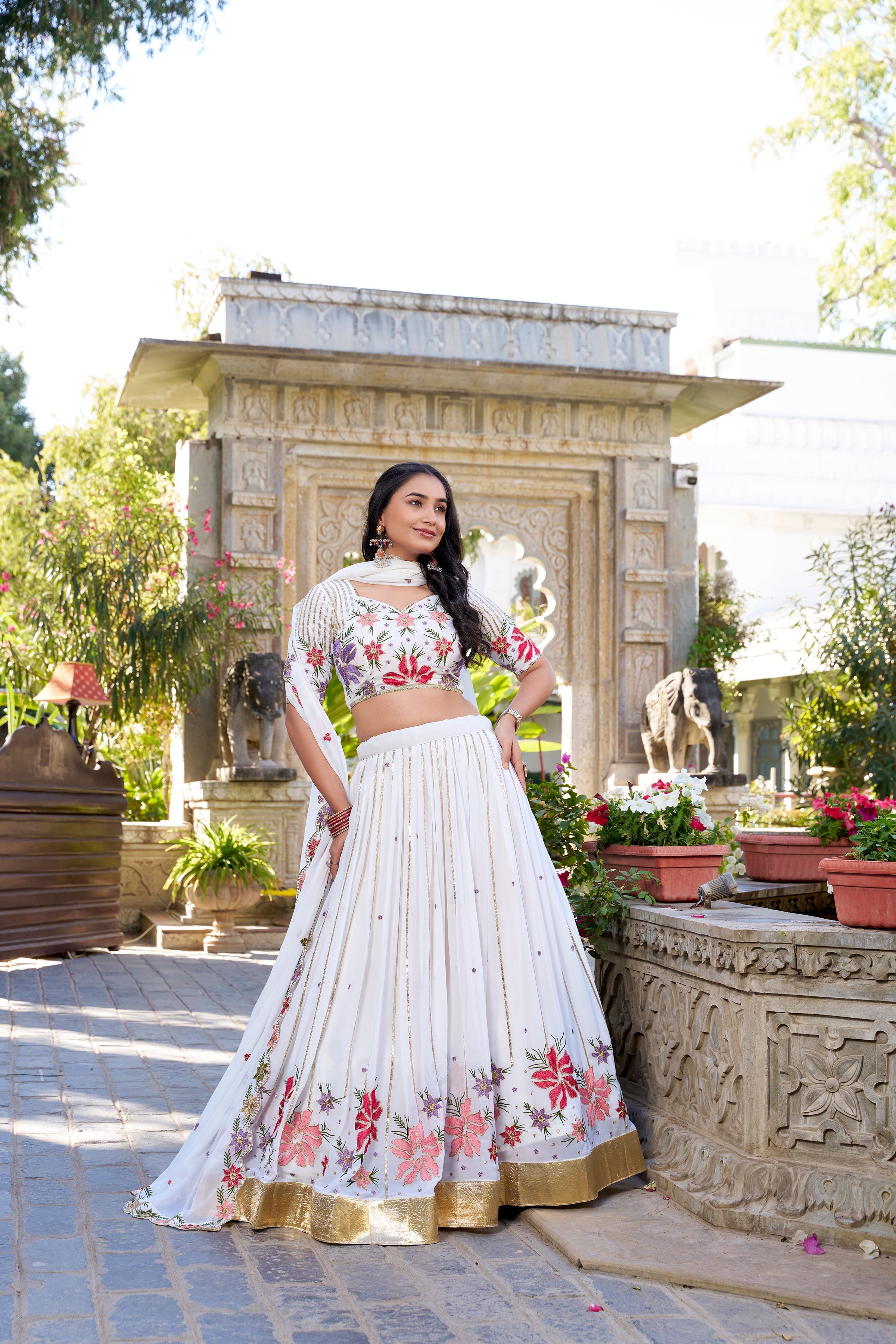 Lorenvalley Georgette Sequins and Thread Embroidery Work With Embossed Design Lace Lehenga Choli