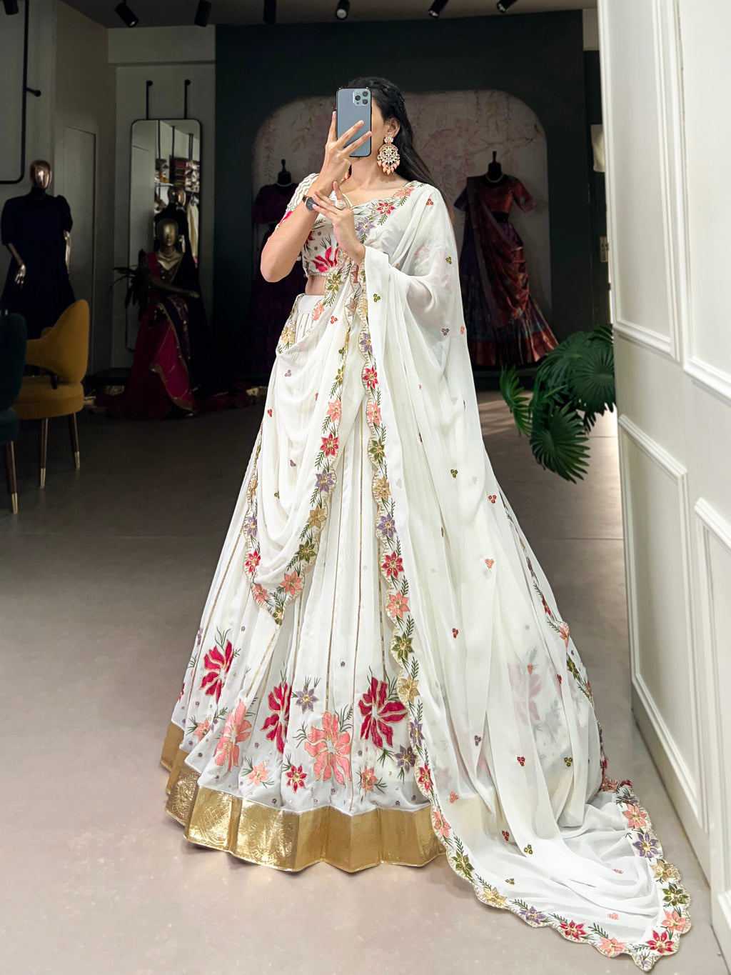 Lorenvalley White Georgette Sequins and Thread Embroidery Work with Embossed Design Lace Lehenga Choli