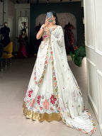 Lorenvalley White Georgette Sequins and Thread Embroidery Work with Embossed Design Lace Lehenga Choli