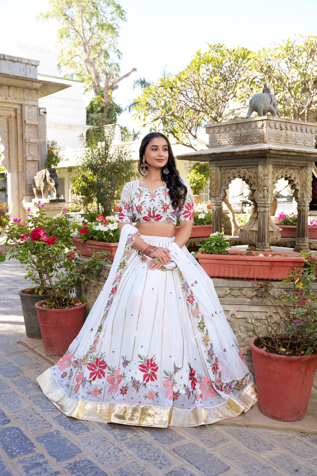Lorenvalley Georgette Sequins and Thread Embroidery Work With Embossed Design Lace Lehenga Choli