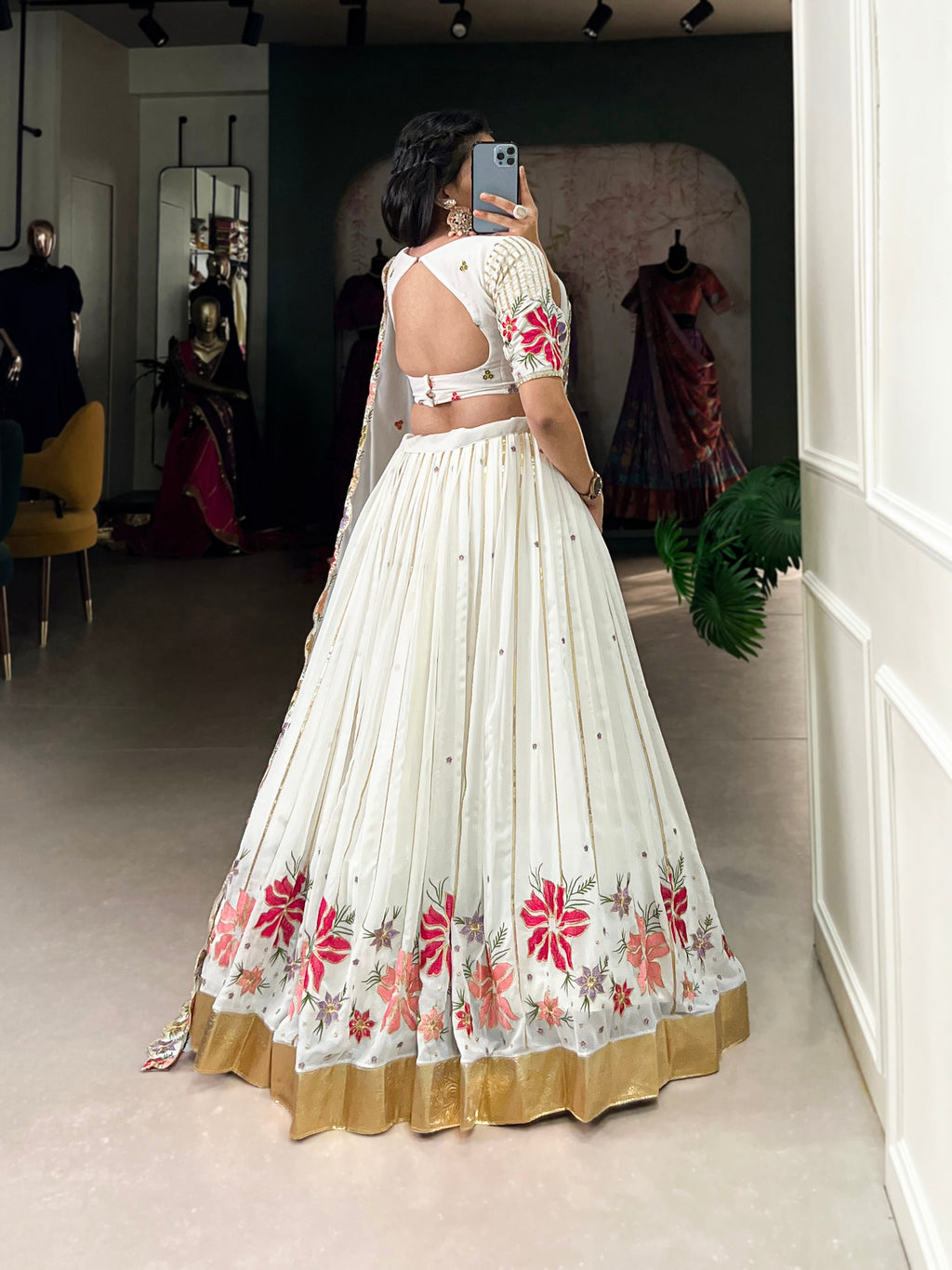 Lorenvalley White Georgette Sequins and Thread Embroidery Work with Embossed Design Lace Lehenga Choli