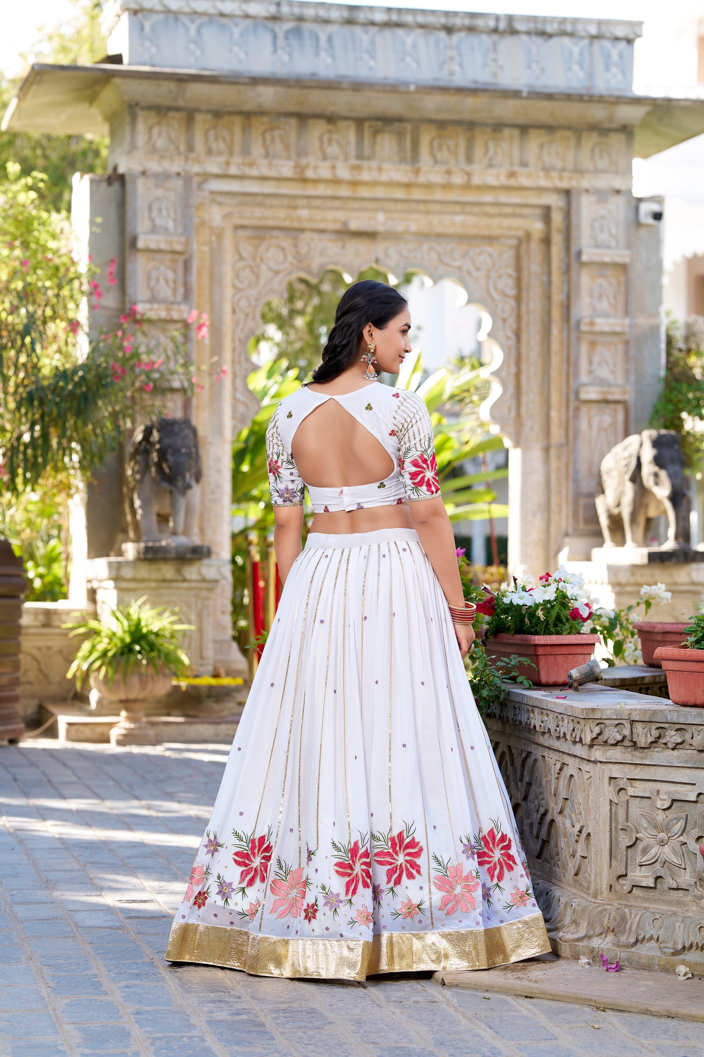 Lorenvalley Georgette Sequins and Thread Embroidery Work With Embossed Design Lace Lehenga Choli