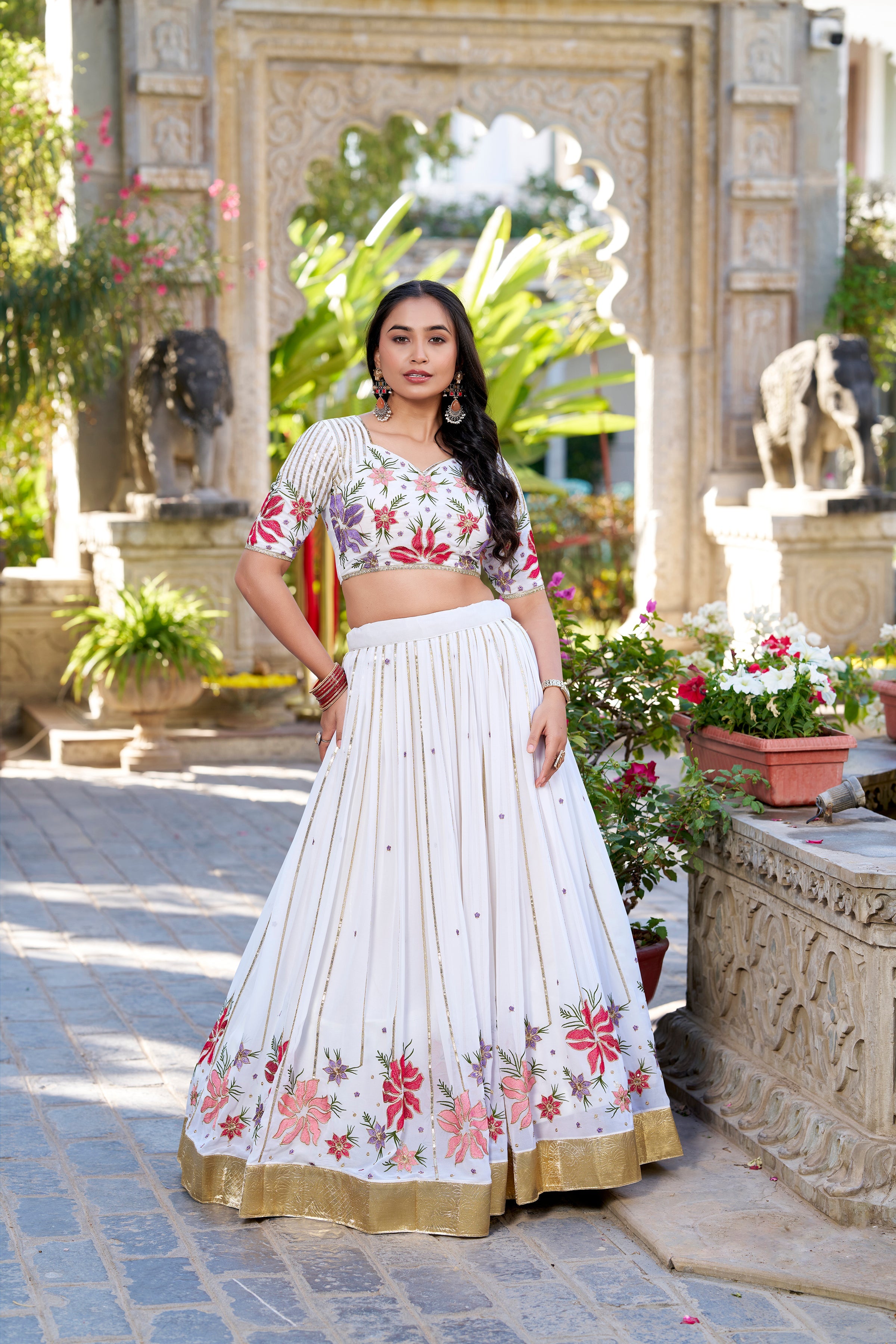 Lorenvalley Georgette Sequins and Thread Embroidery Work With Embossed Design Lace Lehenga Choli