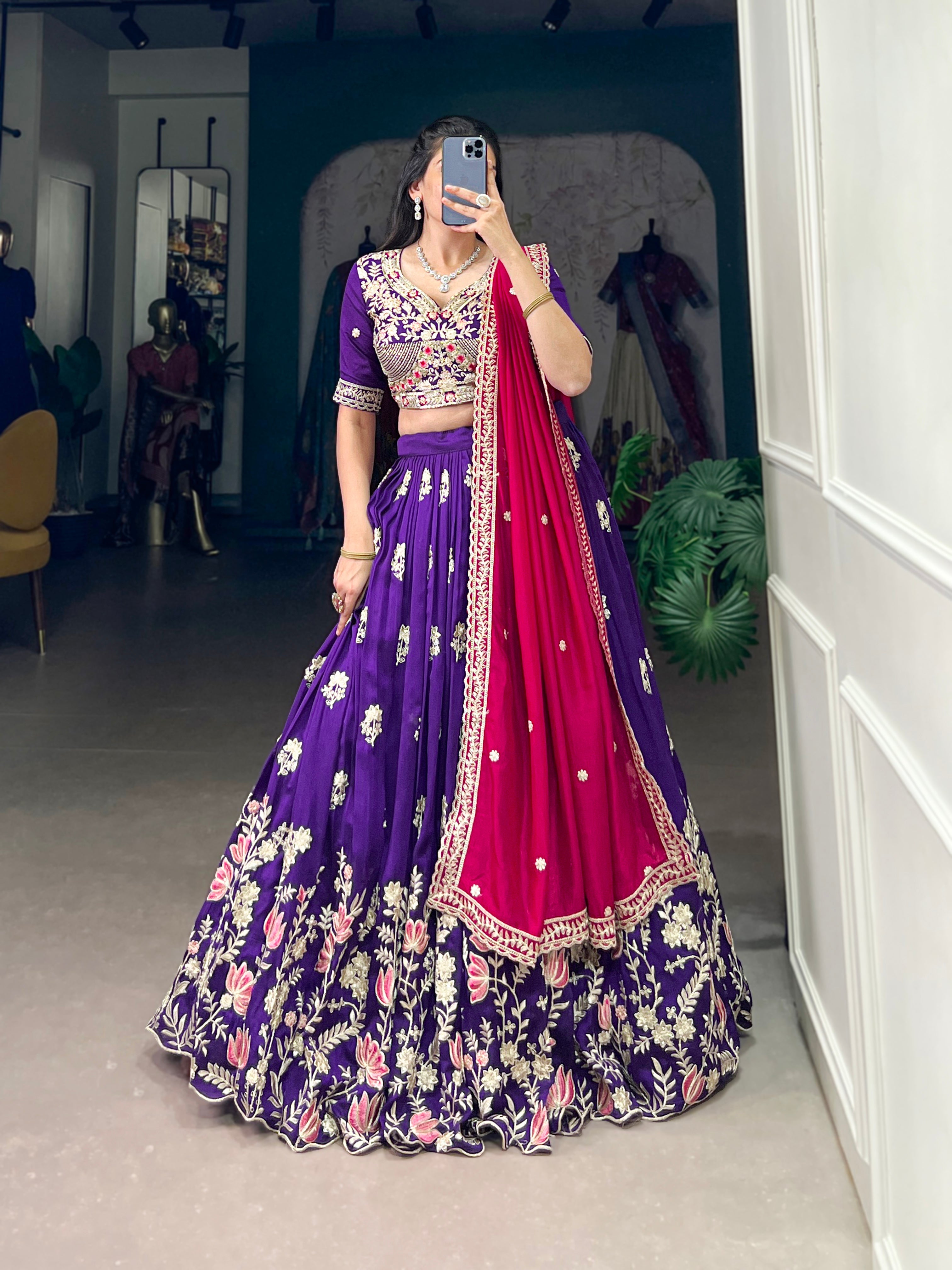 Lorenvalley Purple Vichitra Silk Sequins and Thread Embroidery Work Lehenga Choli
