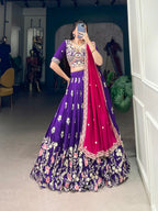 Lorenvalley Purple Vichitra Silk Sequins and Thread Embroidery Work Lehenga Choli