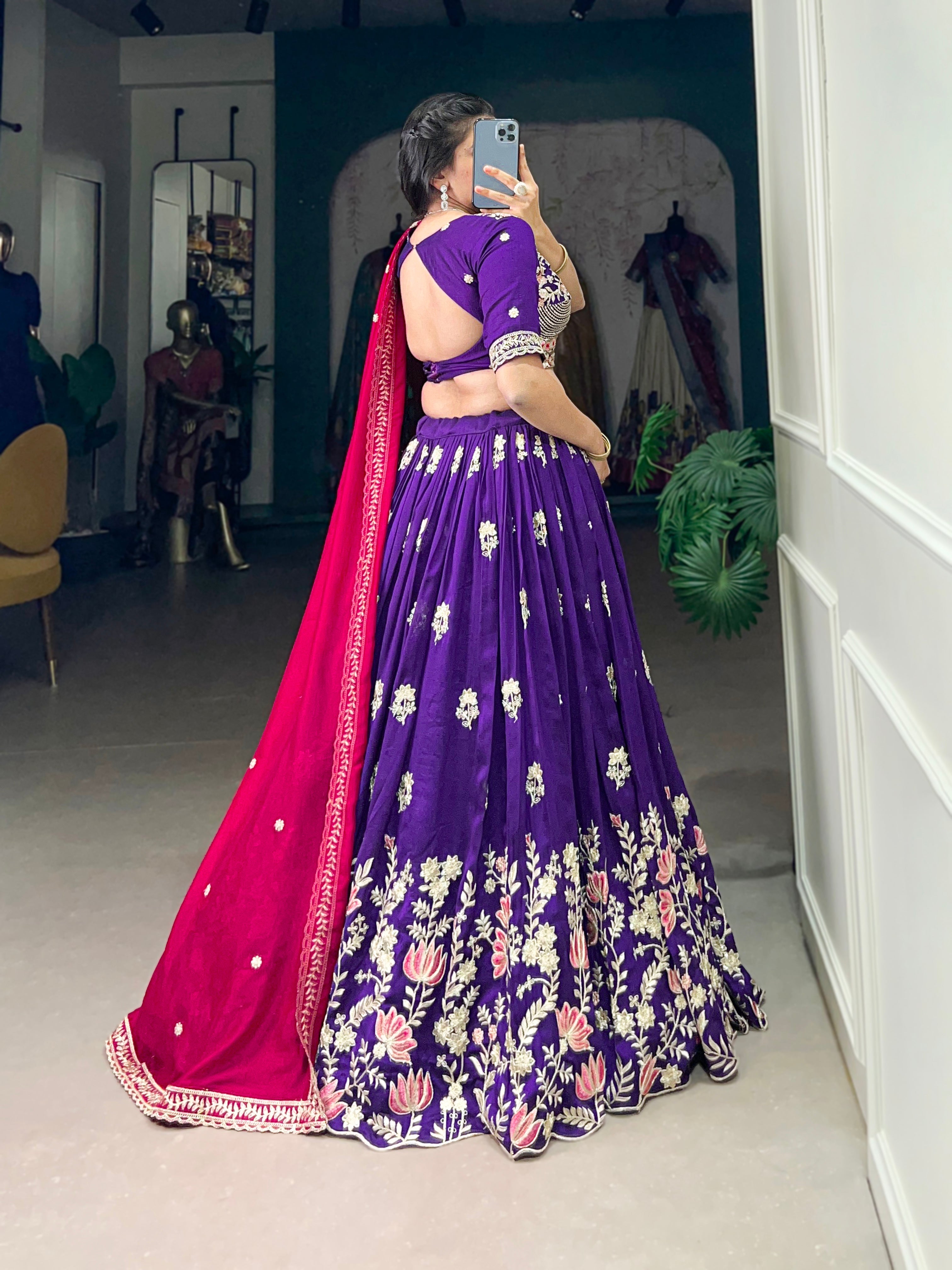 Lorenvalley Purple Vichitra Silk Sequins and Thread Embroidery Work Lehenga Choli