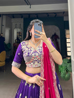 Lorenvalley Purple Vichitra Silk Sequins and Thread Embroidery Work Lehenga Choli