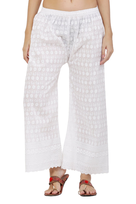 PAVONINE White Color Full Chikankari Cotton Fabric Palazzo For Women