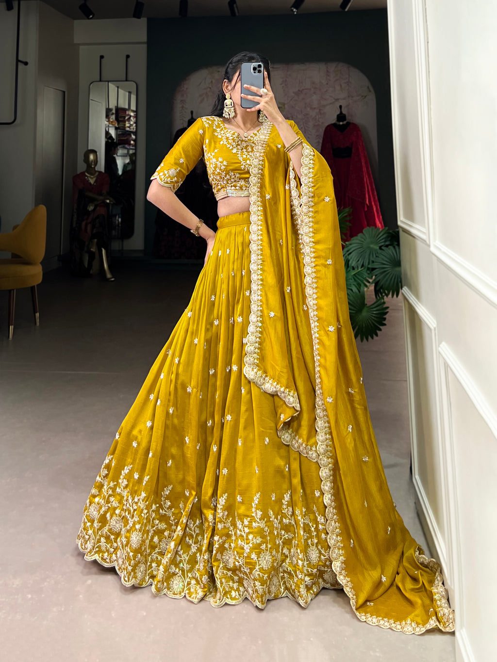 Lorenvalley Mustard Vichitra Silk Sequins and Thread Embroidery Work Lehenga Choli