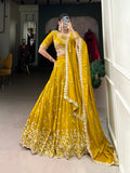 Lorenvalley Mustard Vichitra Silk Sequins and Thread Embroidery Work Lehenga Choli