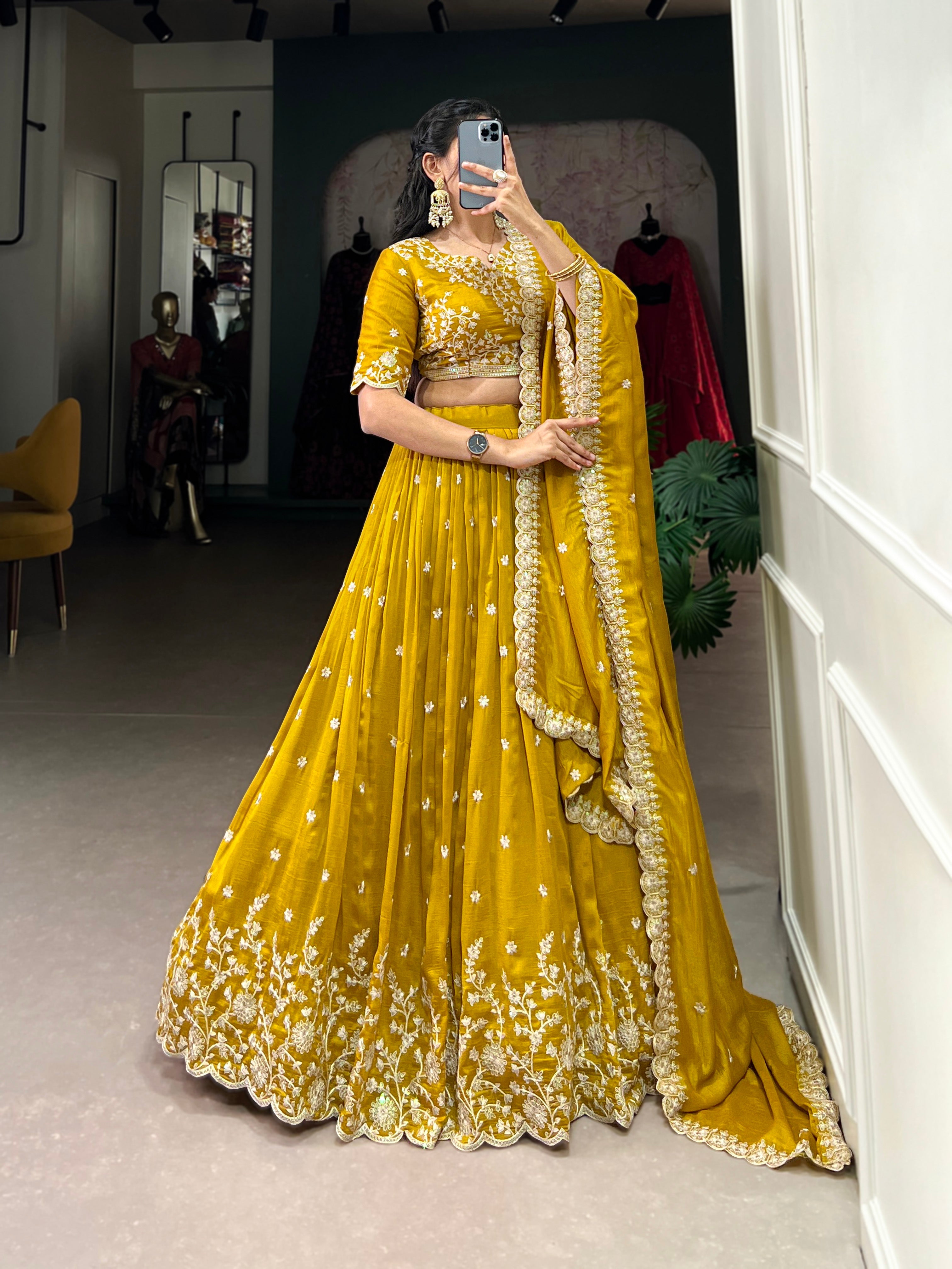 Lorenvalley Mustard Vichitra Silk Sequins and Thread Embroidery Work Lehenga Choli