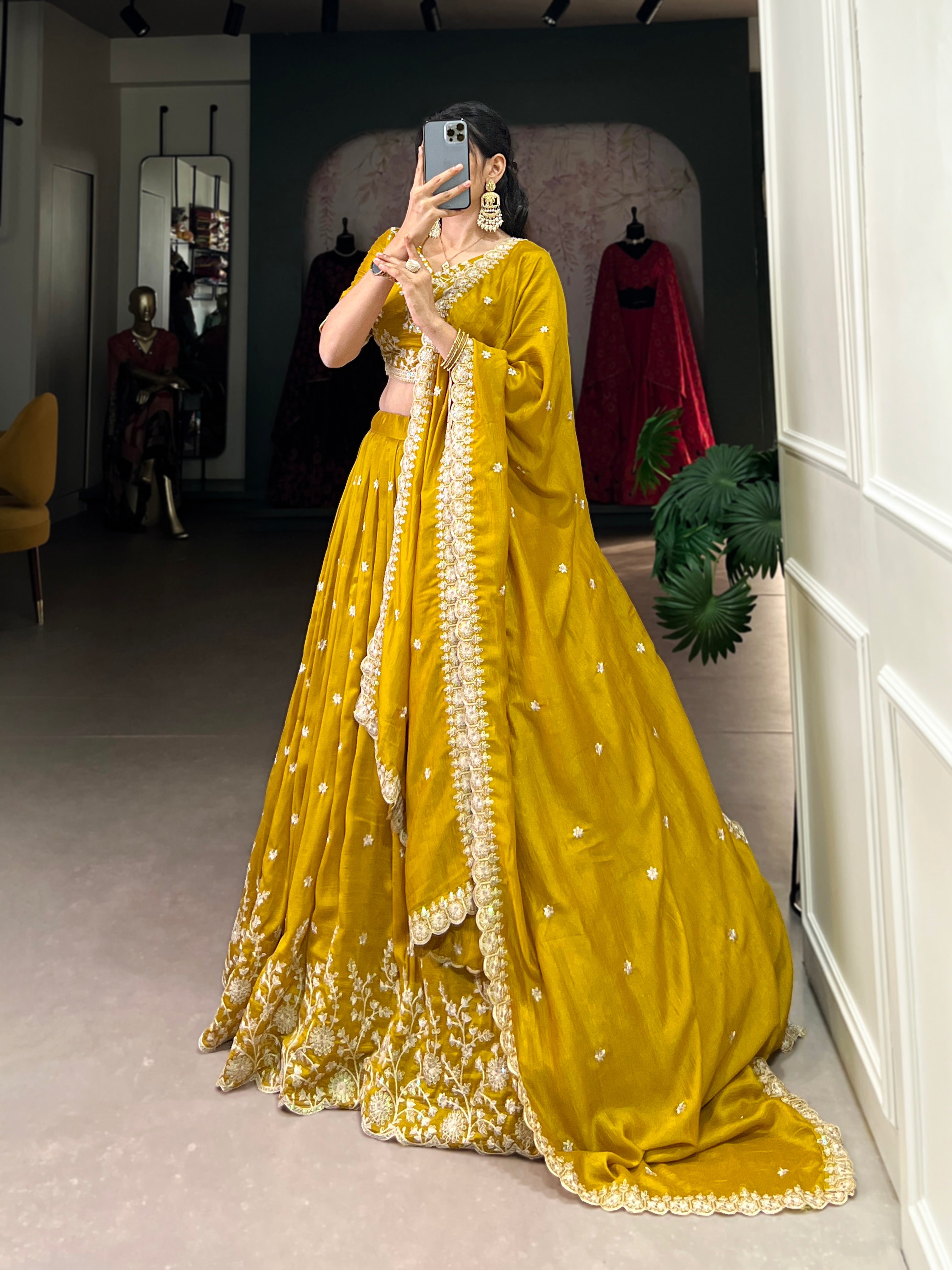 Lorenvalley Mustard Vichitra Silk Sequins and Thread Embroidery Work Lehenga Choli