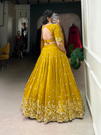 Lorenvalley Mustard Vichitra Silk Sequins and Thread Embroidery Work Lehenga Choli