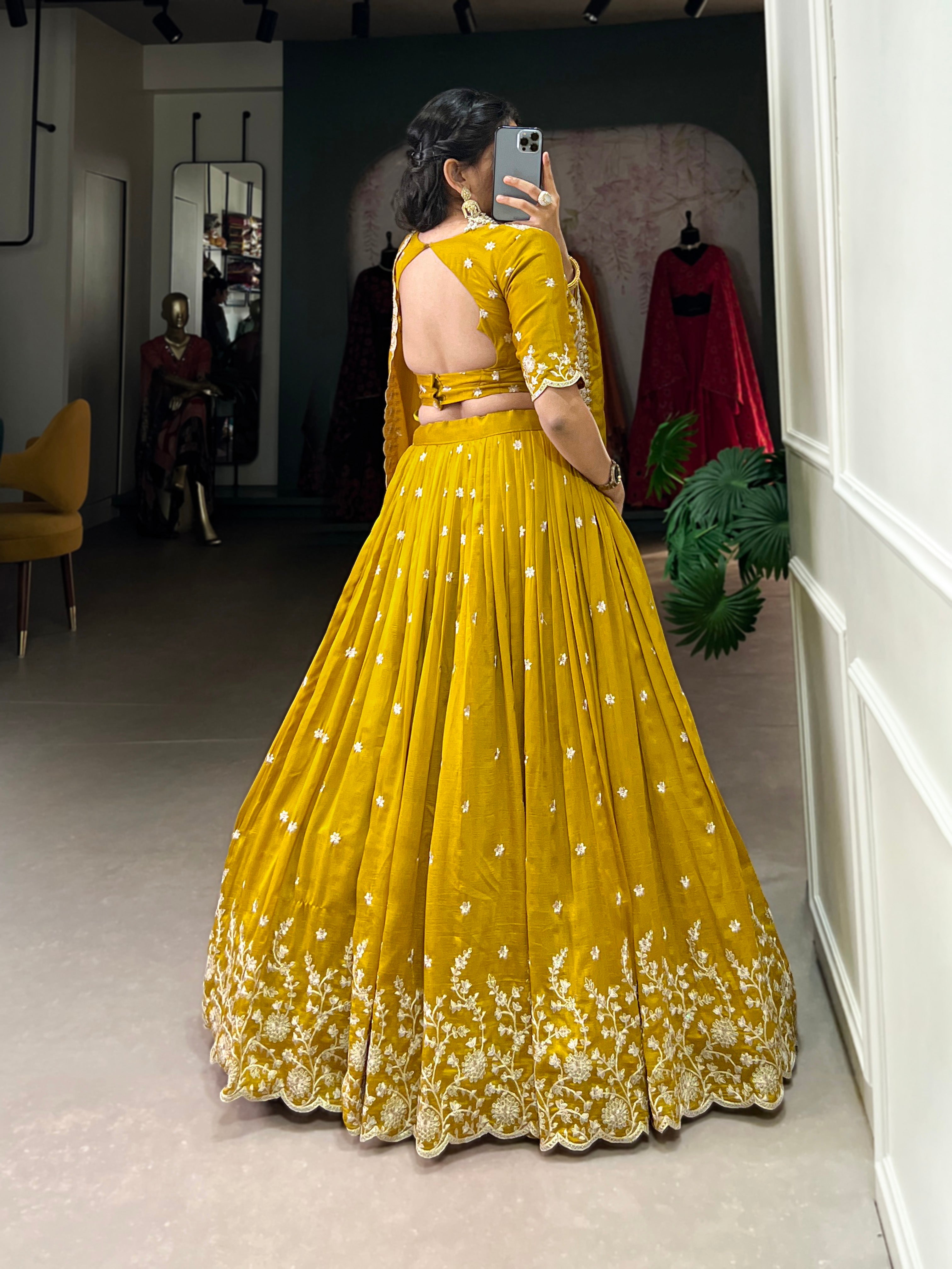 Lorenvalley Mustard Vichitra Silk Sequins and Thread Embroidery Work Lehenga Choli