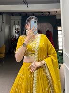 Lorenvalley Mustard Vichitra Silk Sequins and Thread Embroidery Work Lehenga Choli