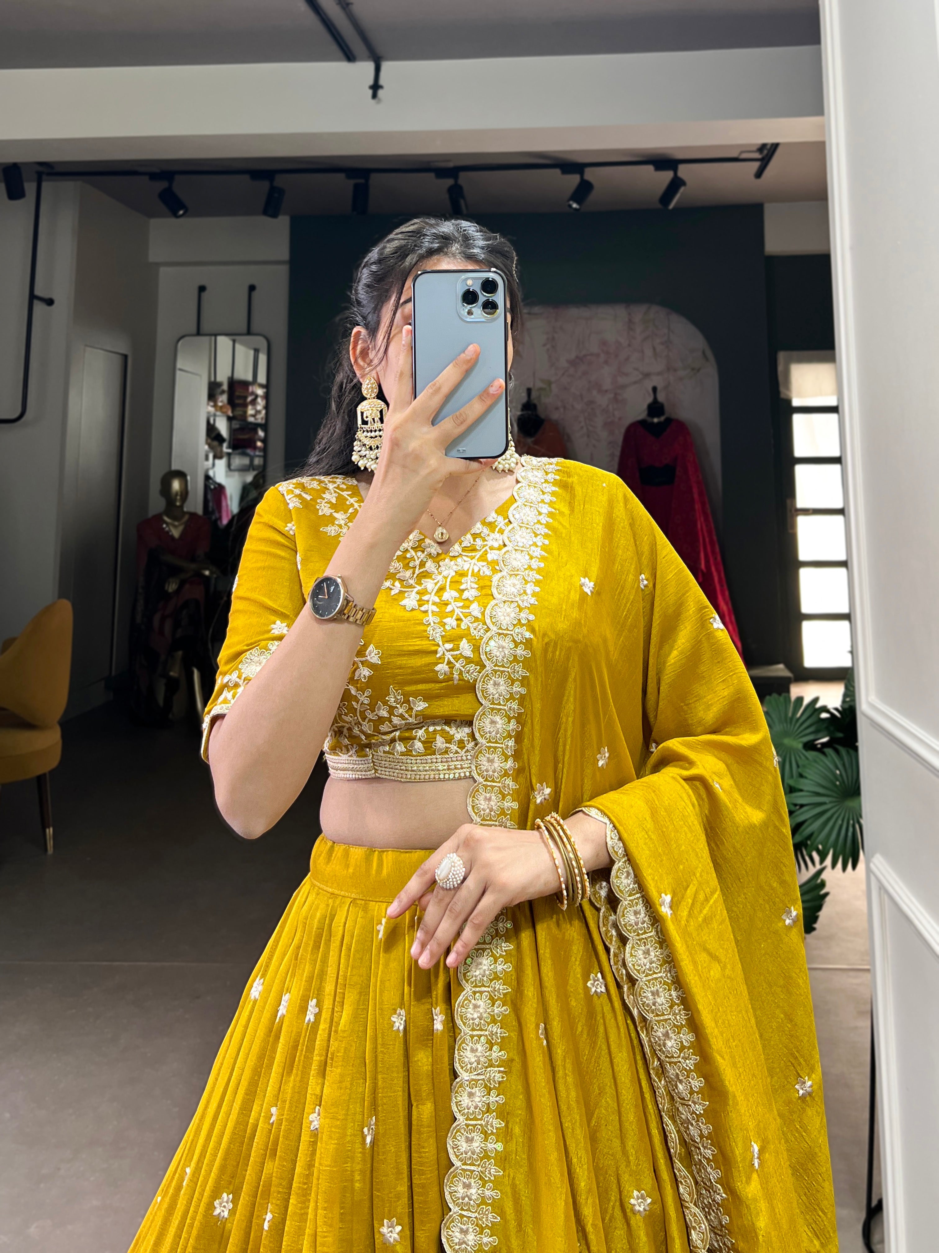 Lorenvalley Mustard Vichitra Silk Sequins and Thread Embroidery Work Lehenga Choli