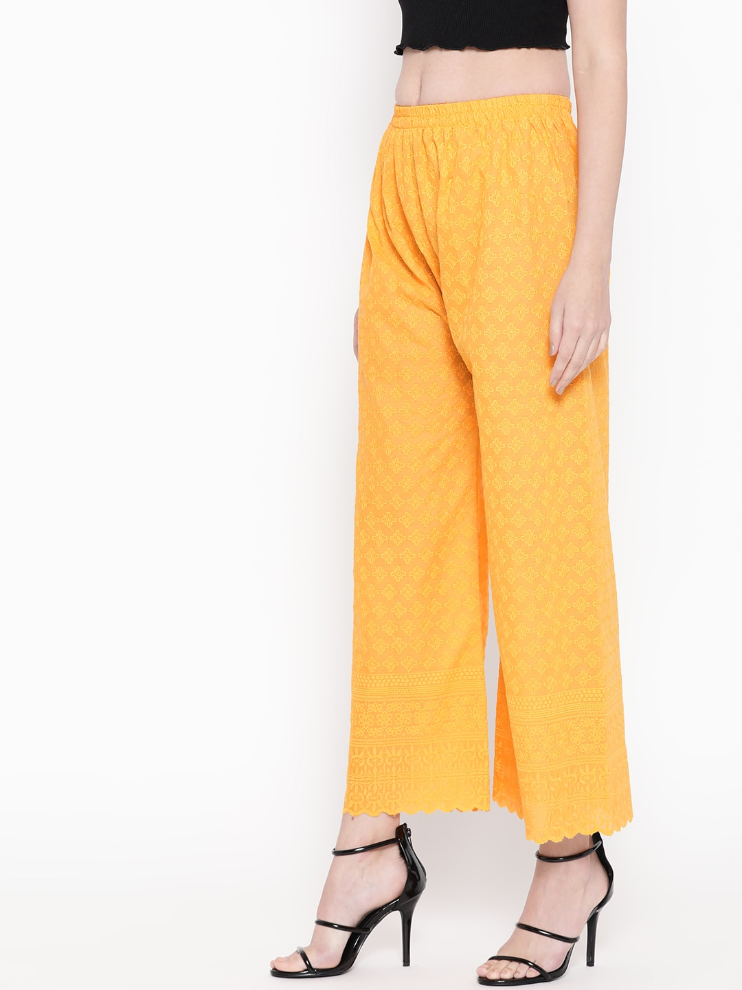 PAVONINE Yellow Color Full Chikankari Cotton Fabric Palazzo For Women - Distacart