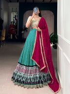 Lorenvalley Fashion Bottlegreen Rayon Bandhej and Ajarakh Print with Sequins and Thread Embroidery Lehenga Choli with Dupatta - Distacart