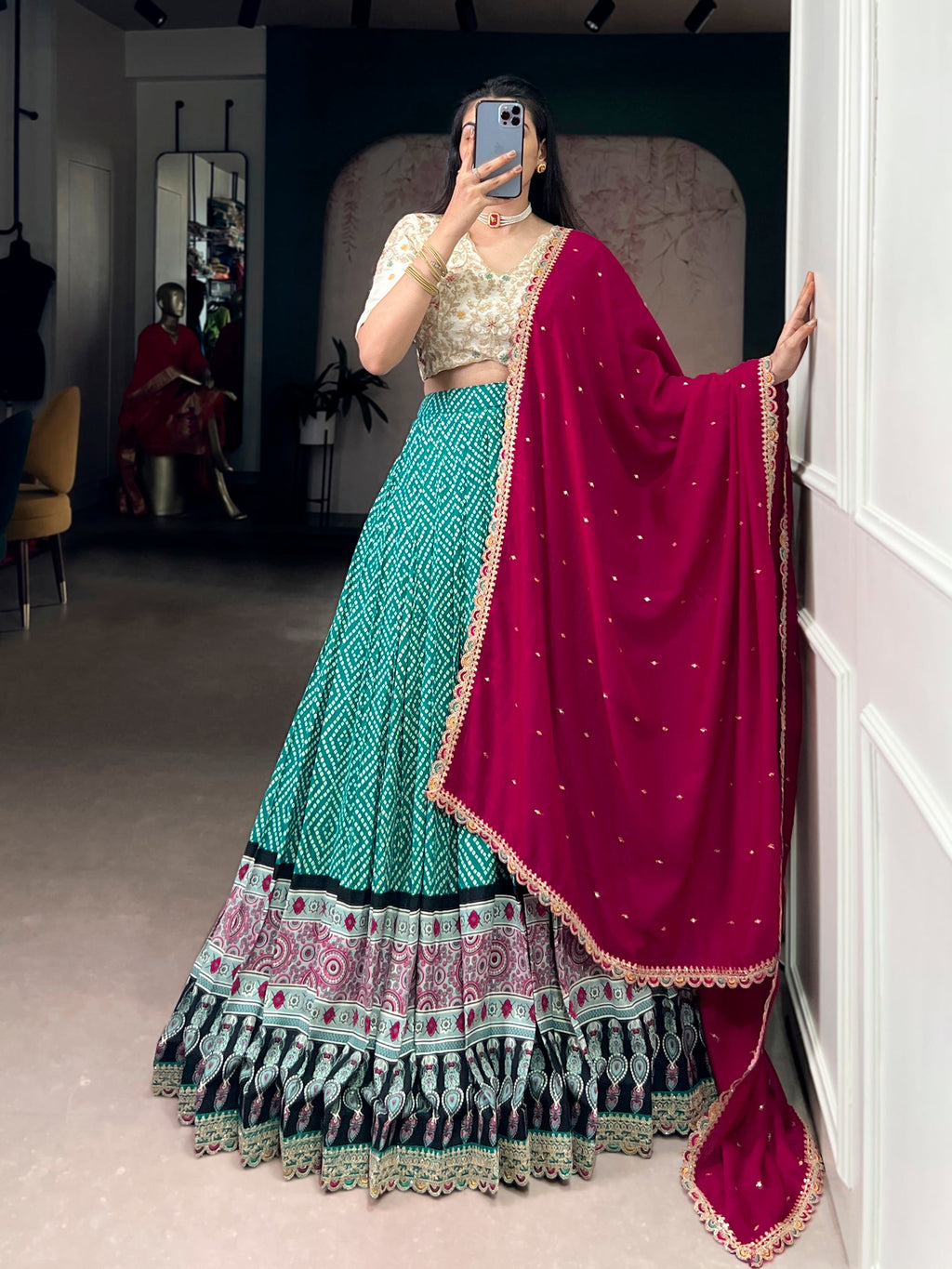 Lorenvalley Fashion Bottlegreen Rayon Bandhej and Ajarakh Print with Sequins and Thread Embroidery Lehenga Choli with Dupatta - Distacart