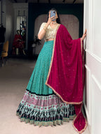 Lorenvalley Fashion Bottlegreen Rayon Bandhej and Ajarakh Print with Sequins and Thread Embroidery Lehenga Choli with Dupatta - Distacart