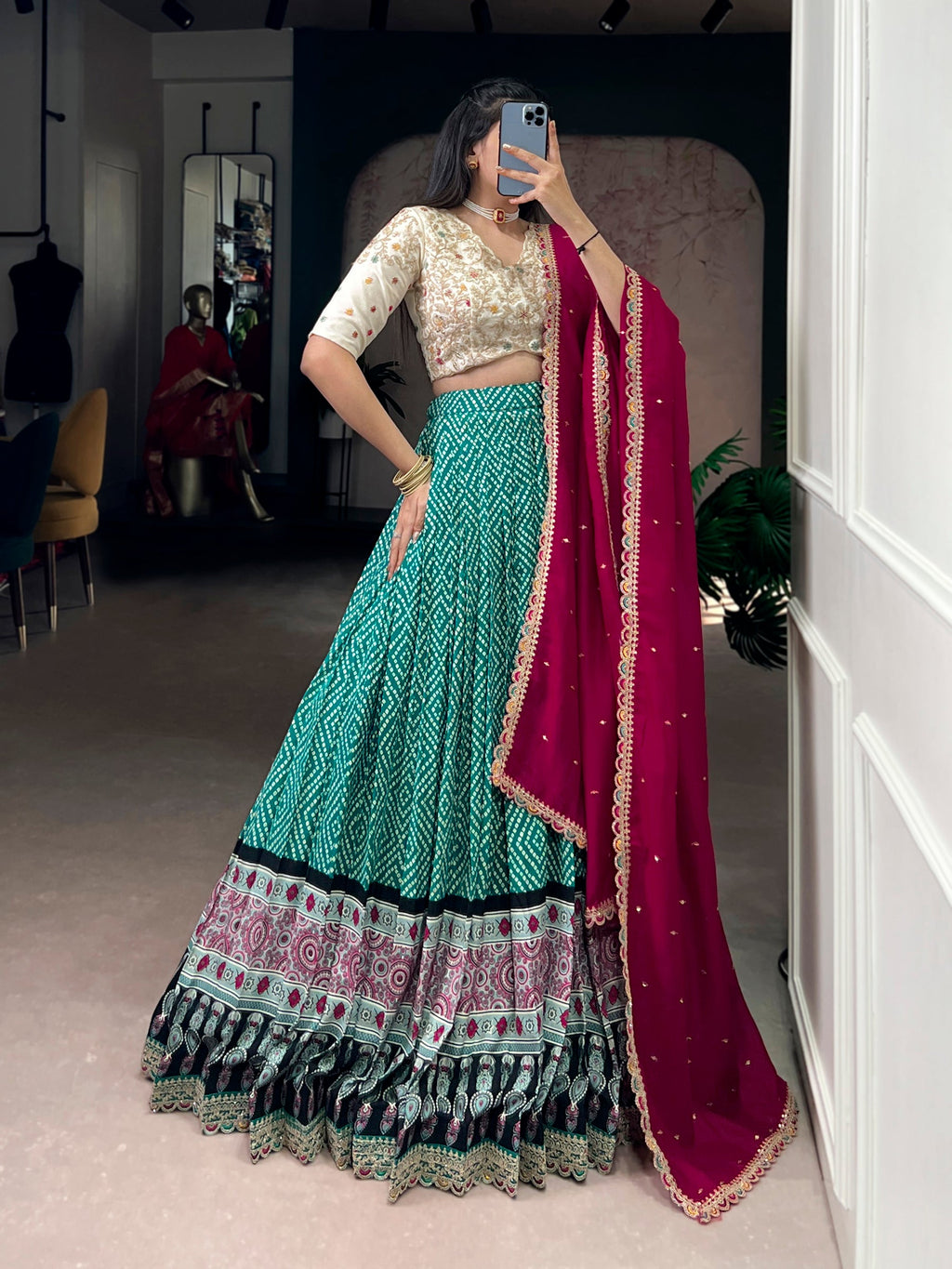 Lorenvalley Fashion Bottlegreen Rayon Bandhej and Ajarakh Print with Sequins and Thread Embroidery Lehenga Choli with Dupatta - Distacart