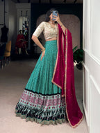 Lorenvalley Fashion Bottlegreen Rayon Bandhej and Ajarakh Print with Sequins and Thread Embroidery Lehenga Choli with Dupatta - Distacart