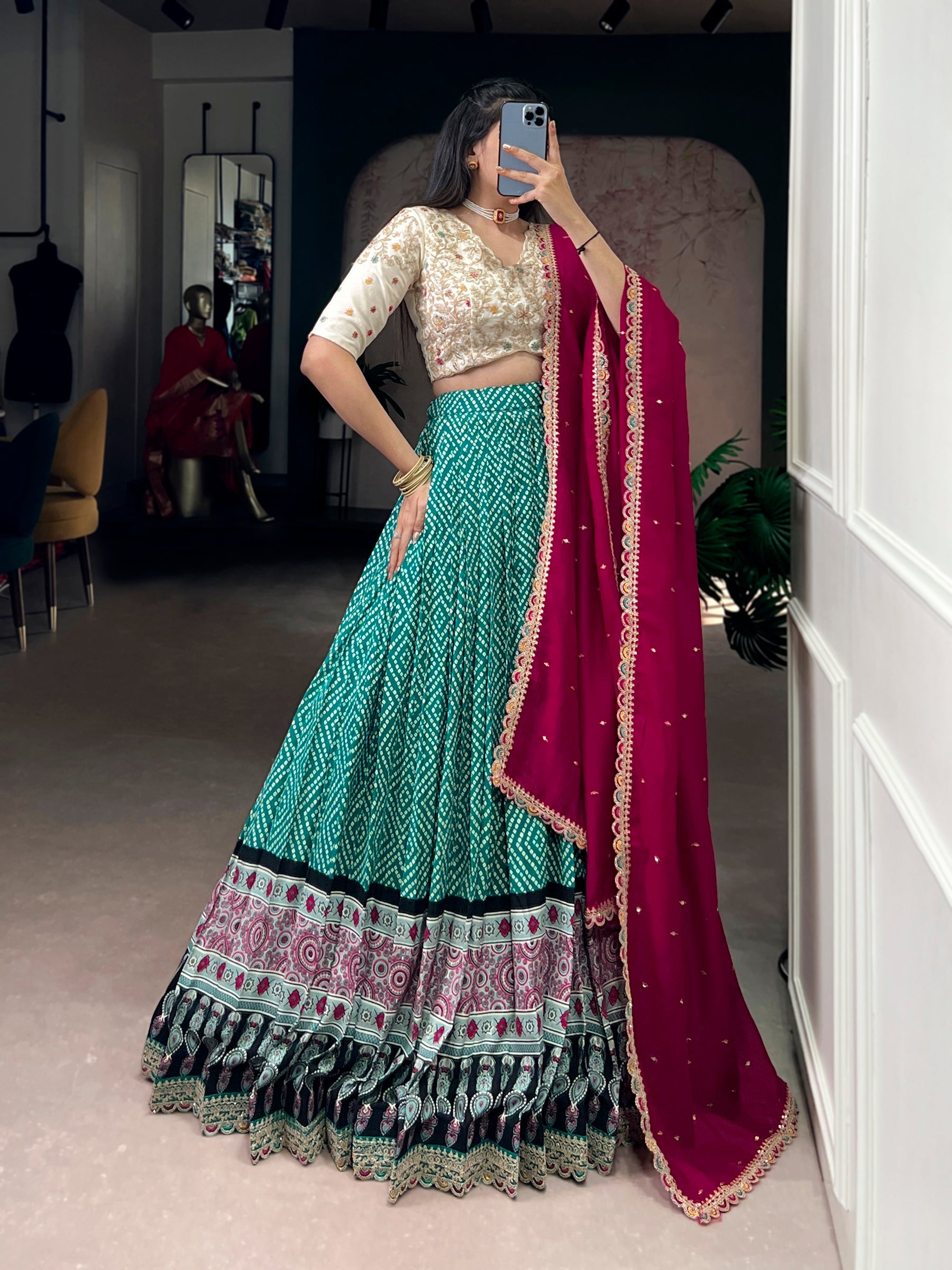 Lorenvalley Fashion Bottlegreen Rayon Bandhej and Ajarakh Print with Sequins and Thread Embroidery Lehenga Choli with Dupatta - Distacart