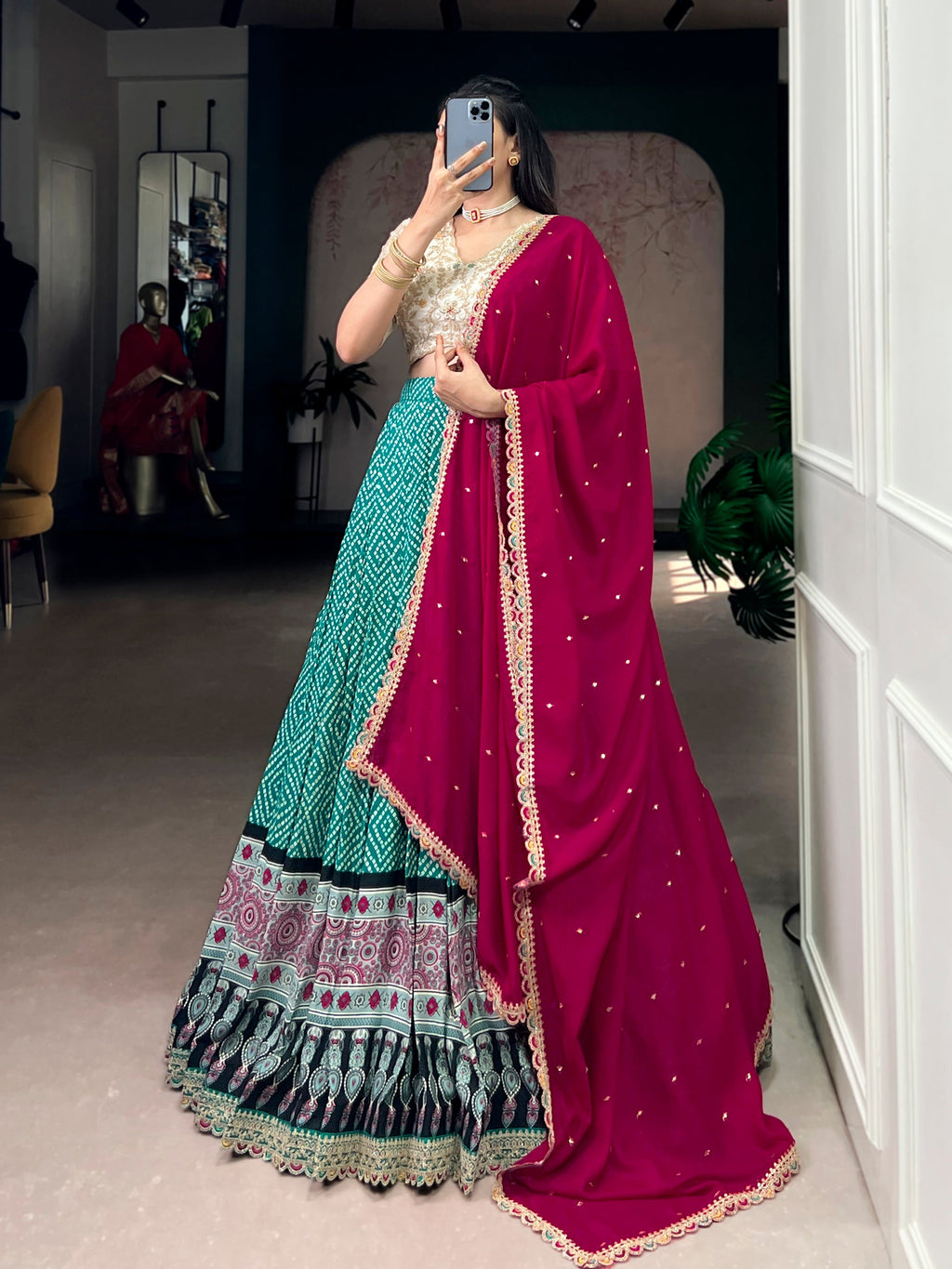 Lorenvalley Fashion Bottlegreen Rayon Bandhej and Ajarakh Print with Sequins and Thread Embroidery Lehenga Choli with Dupatta - Distacart
