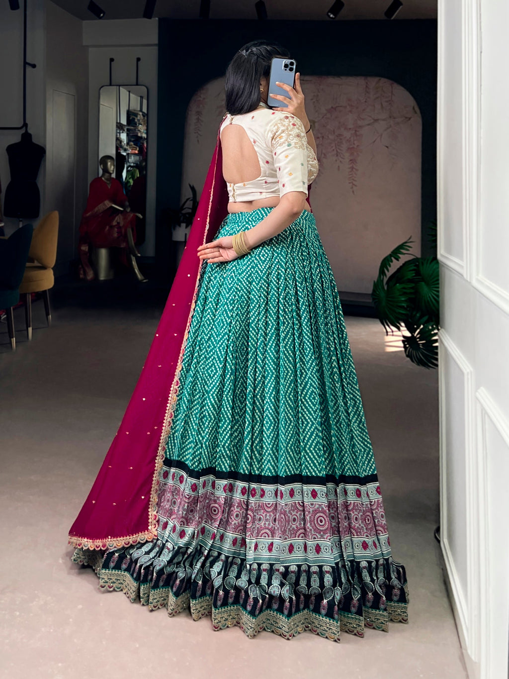 Lorenvalley Fashion Bottlegreen Rayon Bandhej and Ajarakh Print with Sequins and Thread Embroidery Lehenga Choli with Dupatta - Distacart