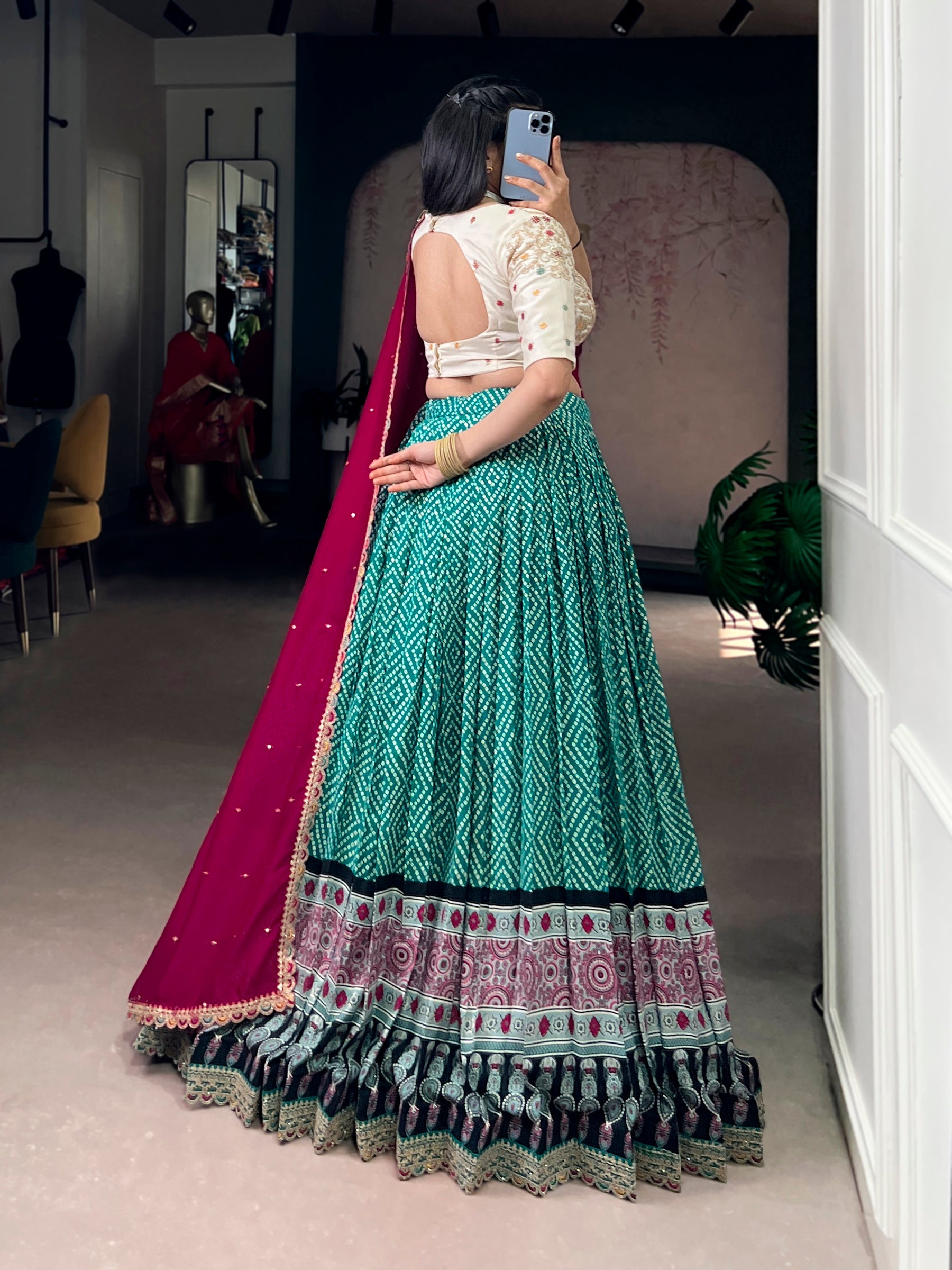 Lorenvalley Fashion Bottlegreen Rayon Bandhej and Ajarakh Print with Sequins and Thread Embroidery Lehenga Choli with Dupatta - Distacart