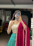 Lorenvalley Fashion Bottlegreen Rayon Bandhej and Ajarakh Print with Sequins and Thread Embroidery Lehenga Choli with Dupatta - Distacart