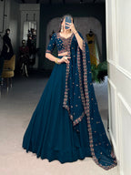 Lorenvalley Teal Georgette Plain Lehenga with Sequins and Thread Embroidery work Choli with Dupatta