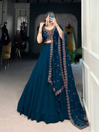 Lorenvalley Teal Georgette Plain Lehenga with Sequins and Thread Embroidery work Choli with Dupatta