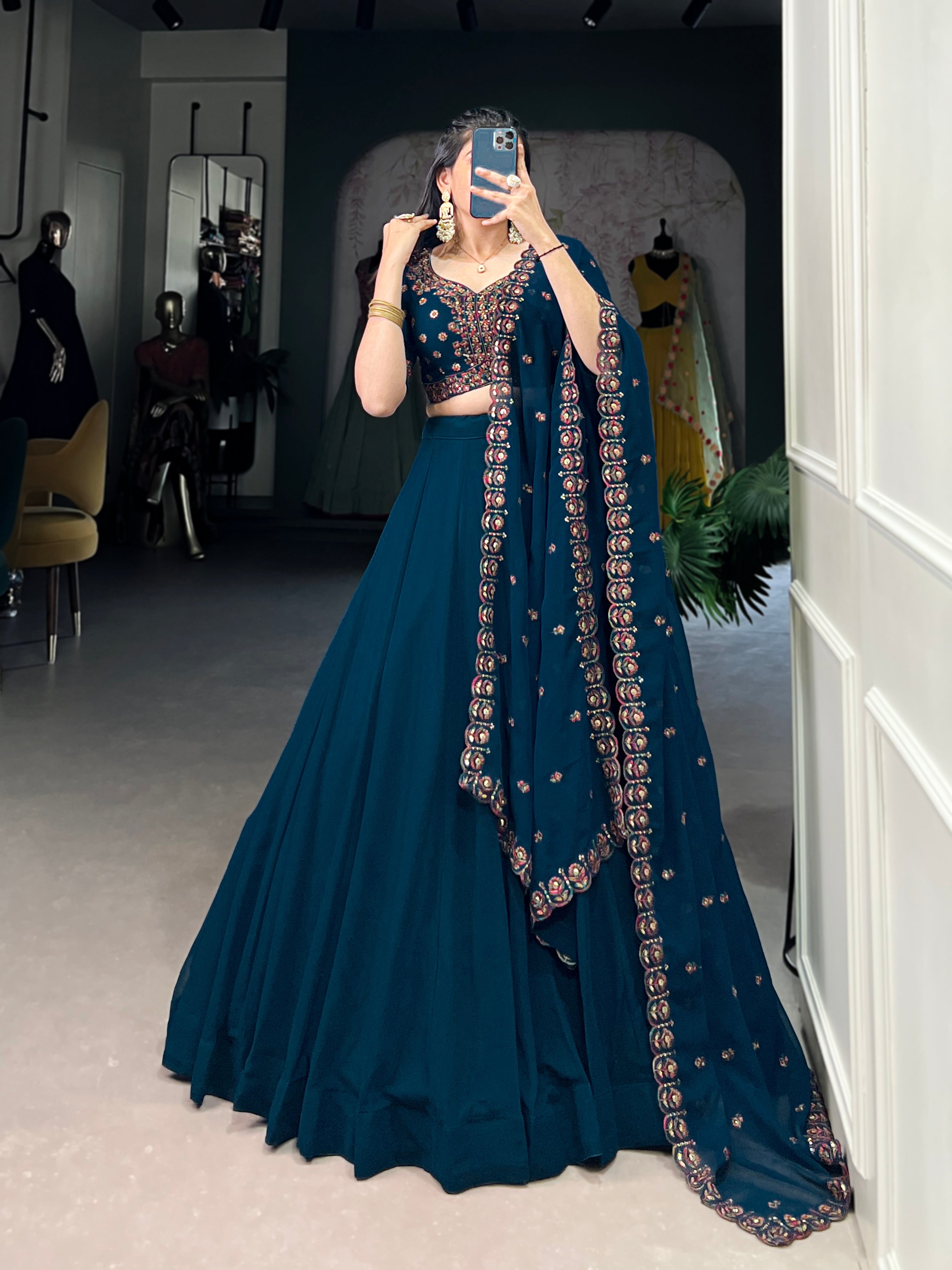 Lorenvalley Teal Georgette Plain Lehenga with Sequins and Thread Embroidery work Choli with Dupatta