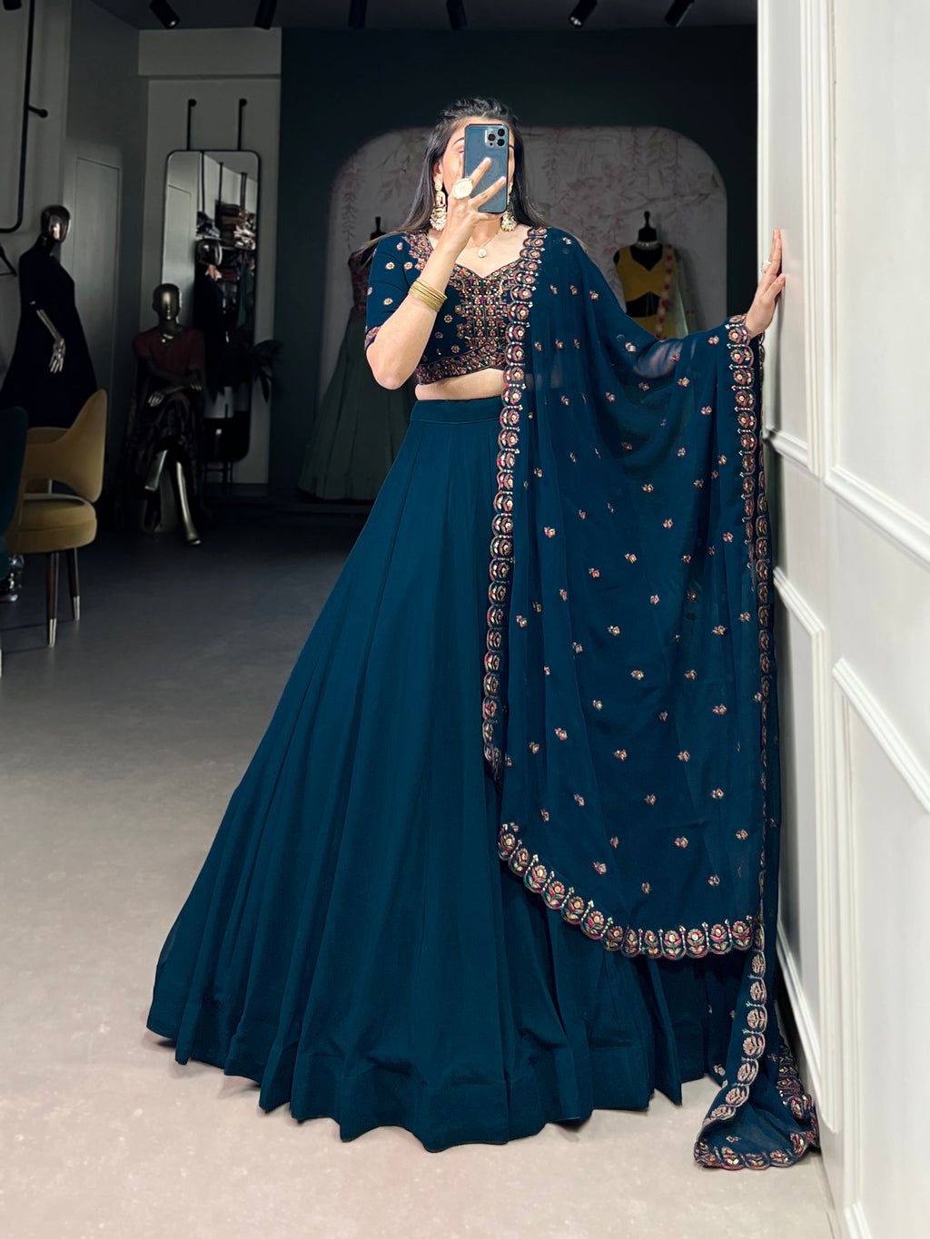 Lorenvalley Teal Georgette Plain Lehenga with Sequins and Thread Embroidery work Choli with Dupatta