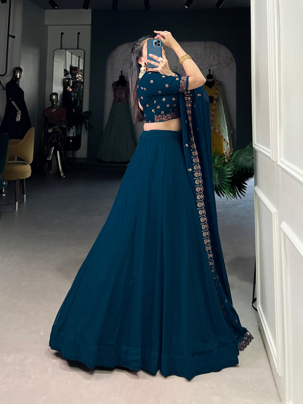 Lorenvalley Teal Georgette Plain Lehenga with Sequins and Thread Embroidery work Choli with Dupatta