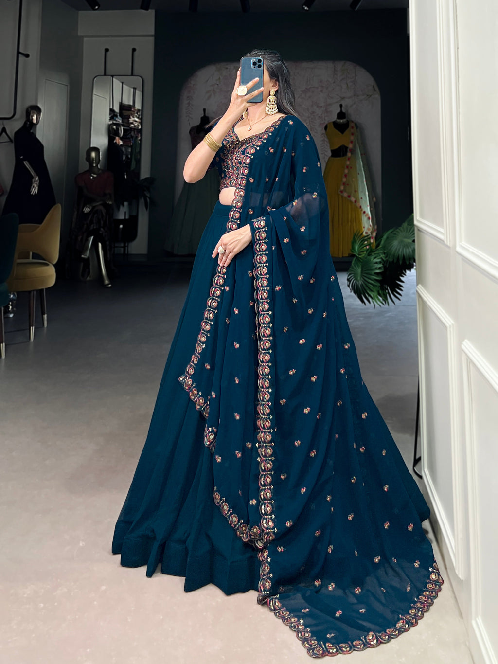 Lorenvalley Teal Georgette Plain Lehenga with Sequins and Thread Embroidery work Choli with Dupatta