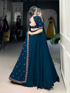 Lorenvalley Teal Georgette Plain Lehenga with Sequins and Thread Embroidery work Choli with Dupatta