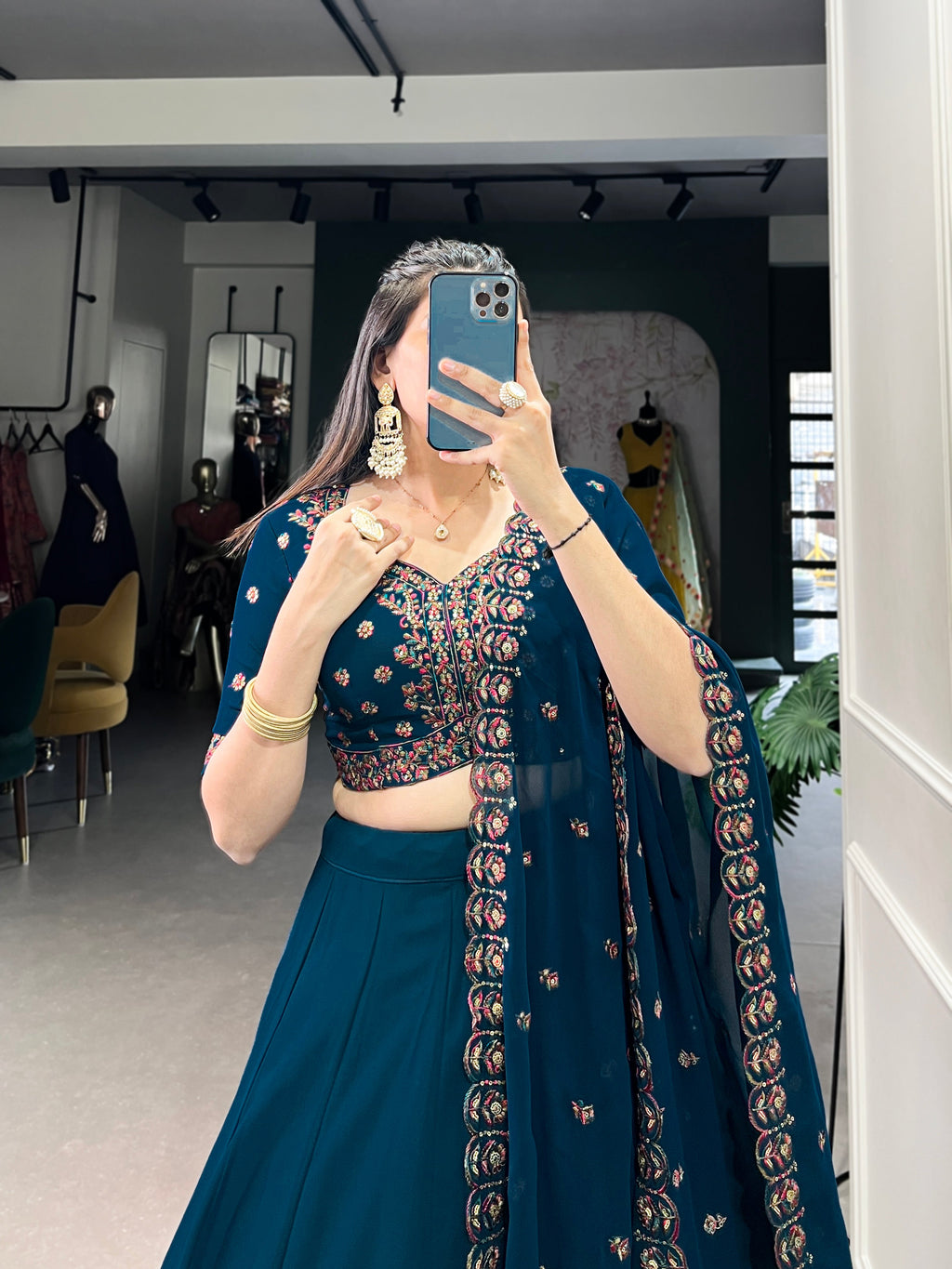 Lorenvalley Teal Georgette Plain Lehenga with Sequins and Thread Embroidery work Choli with Dupatta
